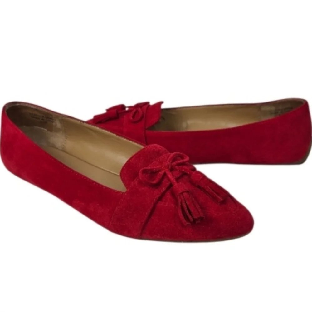 Talbots Francesca Red Suede Driving Flats Bow Tassel Pointed Toe 6.5